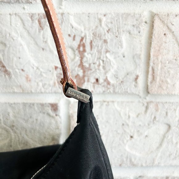 Kate Spade Purse, Black Nylon with Camel Leather Trim, Shoulder Strap Zipper Top - Picture 8 of 9